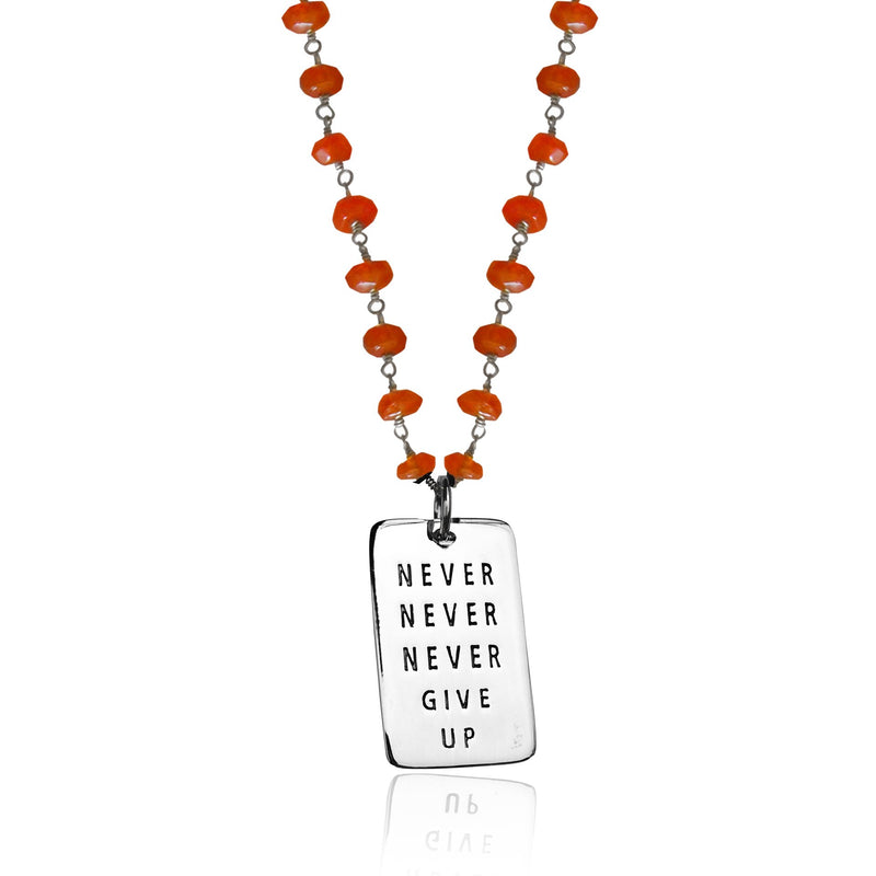 Inspirational Sterling Silver Never Give Up Dog Tag on Silver Wire Wrapped Carnelian Necklace
