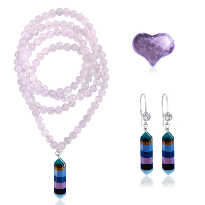 Chakra Balancing Necklace and Earrings with an Amethyst Gemstone Heart.