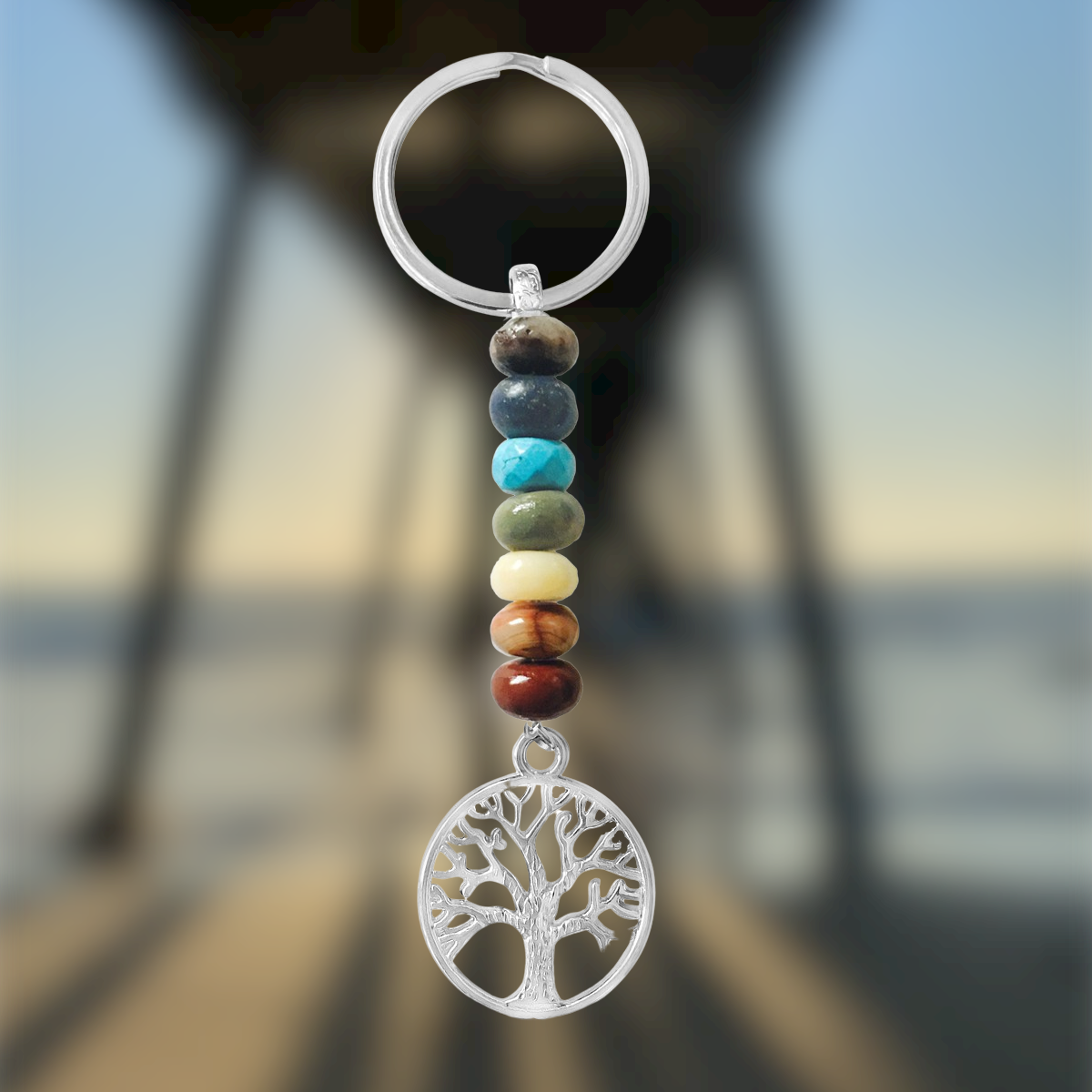 7 Chakra Keychain with Colorful Crystals and the Tree of Life for Spiritual Development