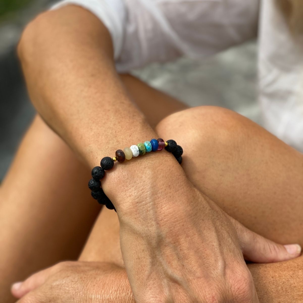 Rainbow Chakra Lava Volcanic Stone Elastic Bracelet Women - Temu