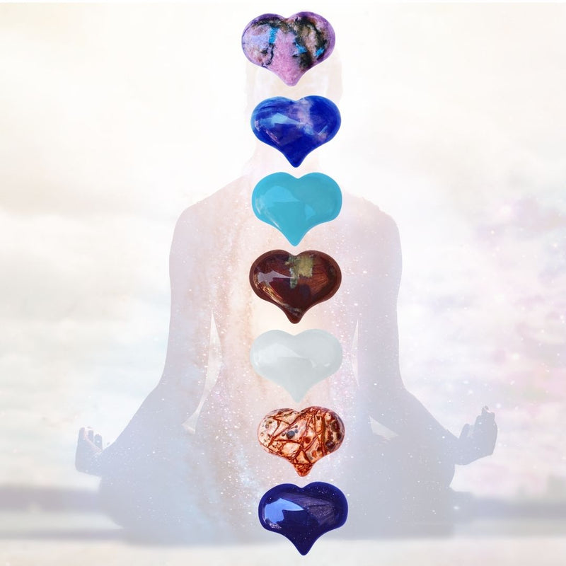 Heart Shaped Healing Gemstones Corresponding with the Seven Chakras