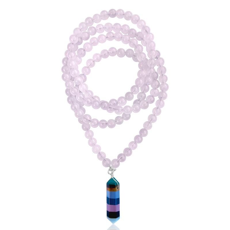 Chakra Balancing Necklace. Deeply meditative to wear, this Chakra Balancing Necklace brings the body’s seven main Chakras into alignment. Rose quartz is an excellent heart-healing gemstone. The colorful gemstones on the centerpiece correspond to the seven different chakras.