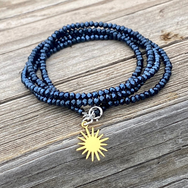 Sunshine Happiness Wrap Bracelet with Midnight Dark Crystals to bring some sunshine in your life! 🌞 I love the sun, the way it shapeshifts as it moves throughout the sky. May this piece add a little more brightness to your glowing, inner spirit and brighten your day.