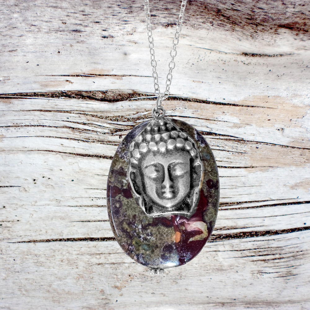 Dragon Blood Stone with Antiqued Silver Buddha for Enhancing Life Force