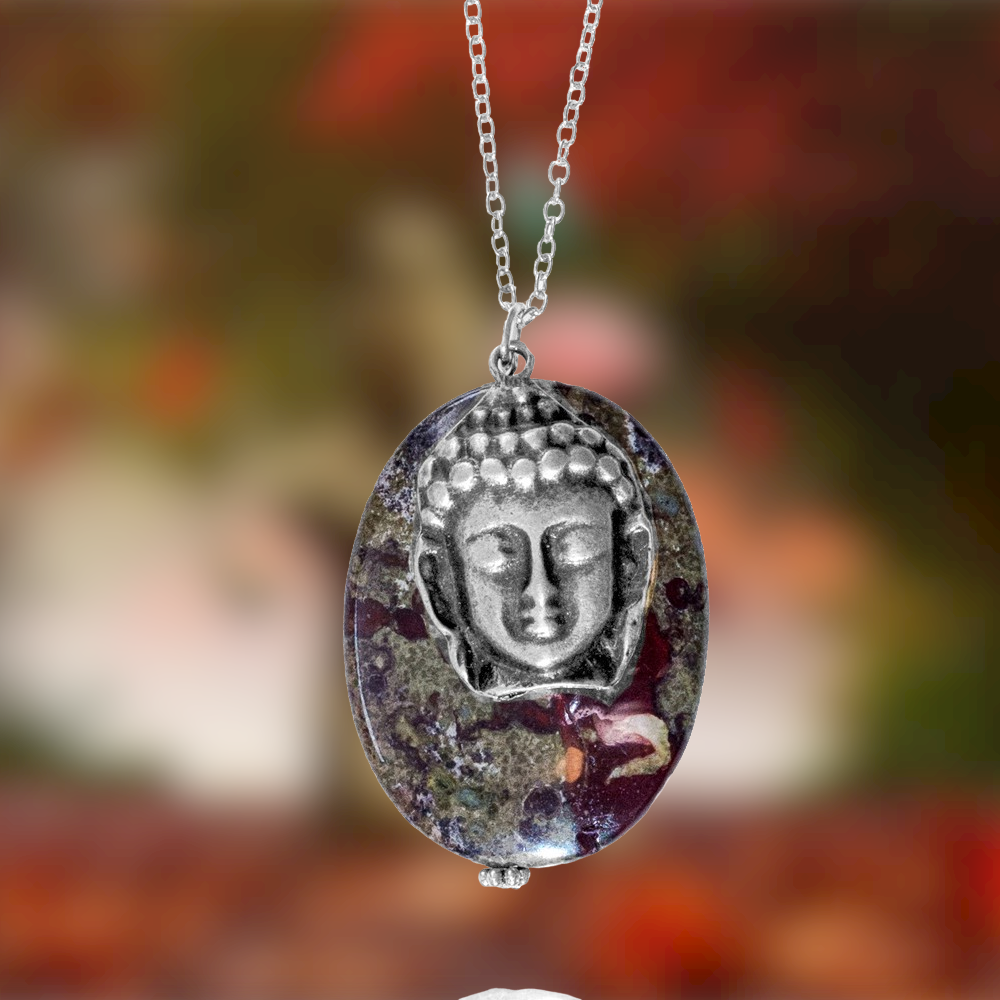 Dragon Blood Stone with Antiqued Silver Buddha for Enhancing Life Force
