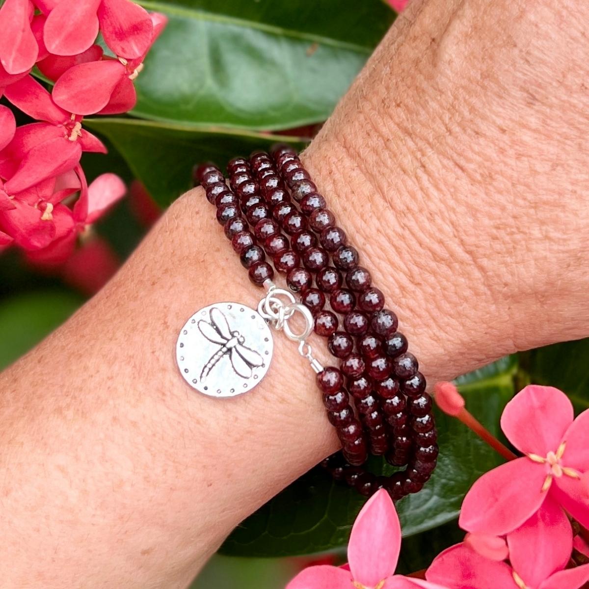 Garnet Wrap Bracelet with Dragonfly to Remind Us to Live to the Fullest