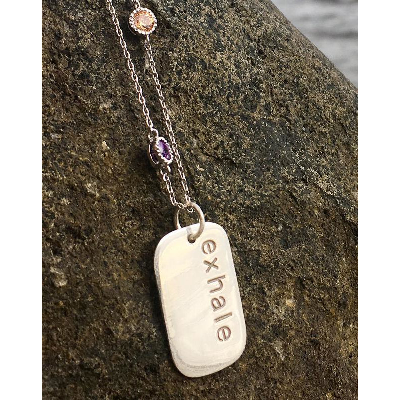 EXHALE Dog Tag on a Crystal Embedded Necklace for Chakra Healing
