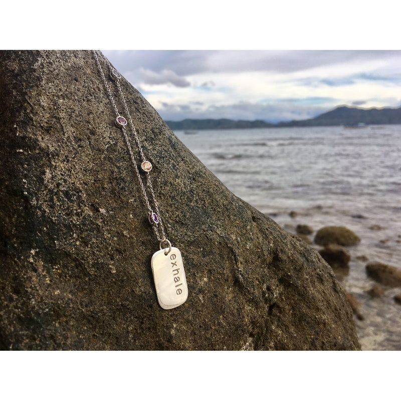 EXHALE Dog Tag on a Crystal Embedded Necklace for Chakra Healing