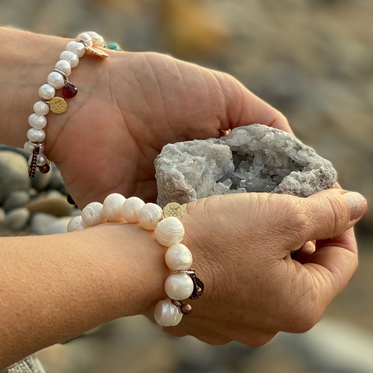 Find Your True North Pearl Bracelet with Silver, Gold, Brass and Rose Gold Charms. Just as a compass points toward a magnetic field, your personal “true north” directs your path and pulls you forward. Pearl is the "Stone of Truth, Faith and Love," enhances personal integrity and helps provide focus.