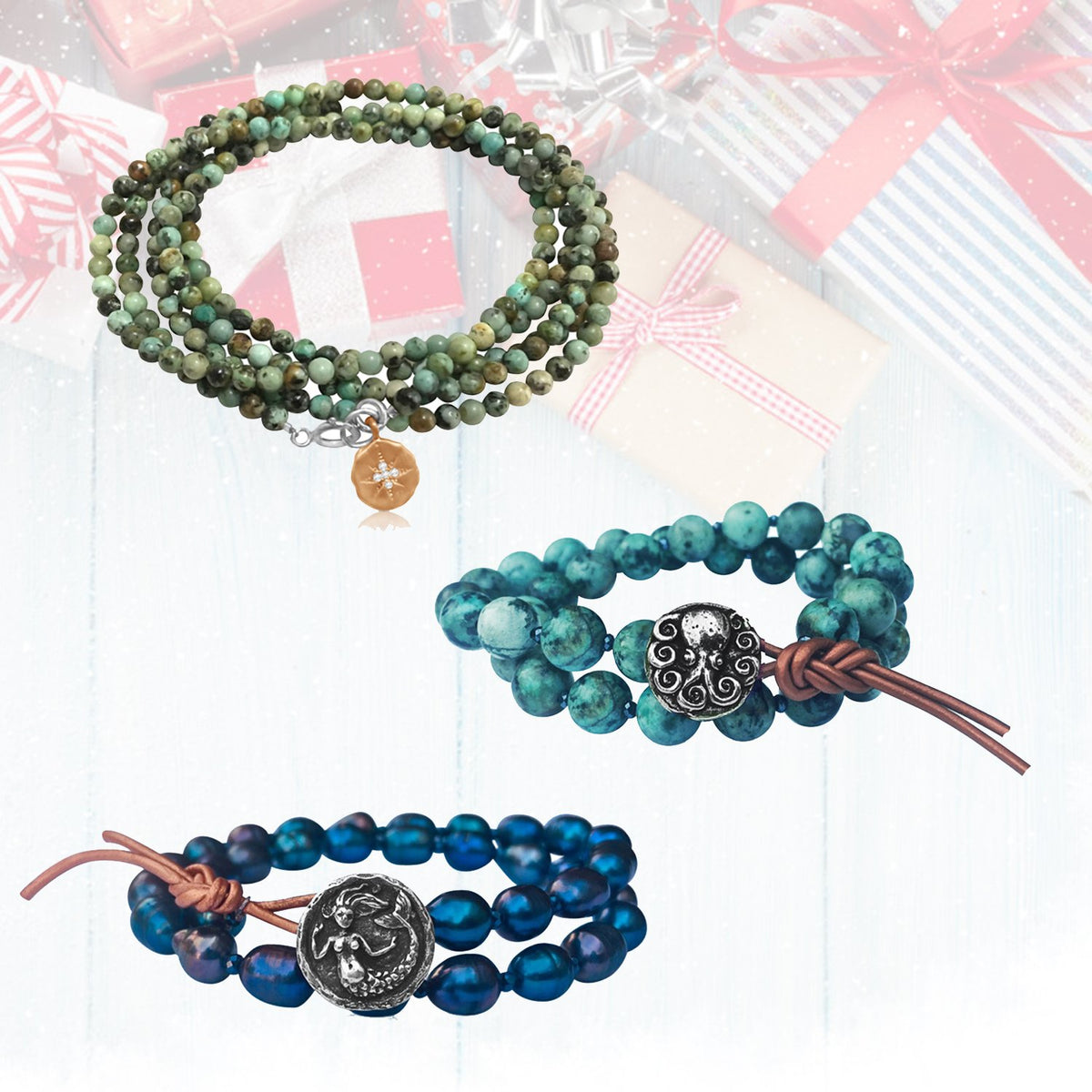 Superstars Set: Best Selling Mermaid Soul Bracelet, Turquoise Octopus Wrap and Enjoy the Journey Wrap Bracelet Trio - comes in a READY TO GIFT Box. 