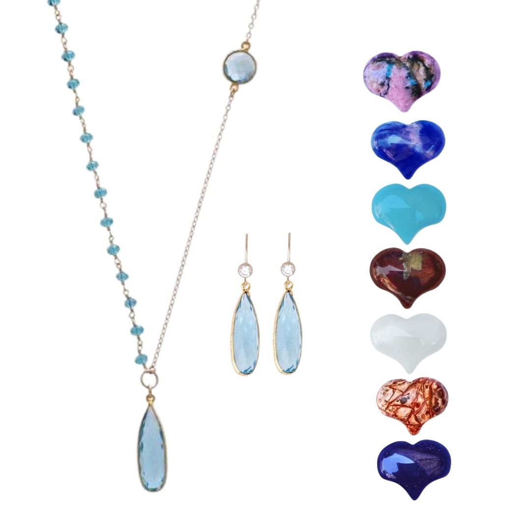 Asymmetrical Aquamarine Crystal Gold Filled Necklace and Earrings for Courage and Hope. Buy them together and get a Bonus Chakra Gemstone Heart Set.