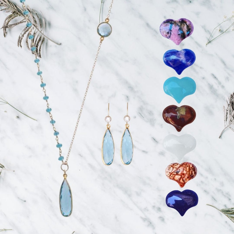 Asymmetrical Aquamarine Crystal Gold Filled Necklace and Earrings for Courage and Hope. Buy them together and get a Bonus Chakra Gemstone Heart Set.