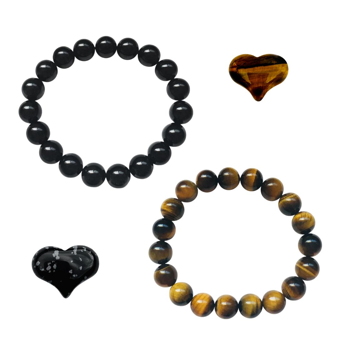The Trust Your Instincts Jewelry Set includes:  - Onyx Bracelet - Tiger Eye Bracelet  - Tiger Eye Heart Shaped Gemstone - Snowflake Obsidian Heart Shaped Healing Gemstone