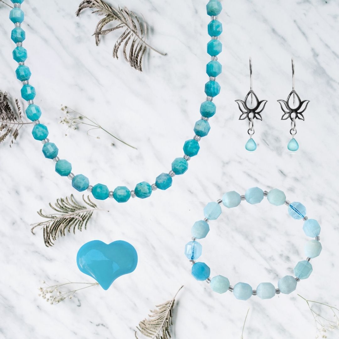 Gift Set for Ocean Lovers: Amazonite Necklace for Courage and Aquamarine Bracelet. Buy them together and get a Bonus pair of Sterling Silver Lotus Flower Earrings with Amazonite and an Amazonite Gemstone Heart. 