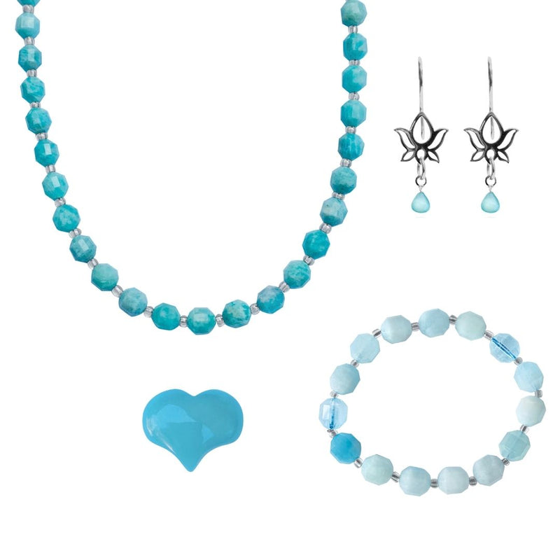 Gift Set for Ocean Lovers: Amazonite Necklace for Courage and Aquamarine Bracelet. Buy them together and get a Bonus pair of Sterling Silver Lotus Flower Earrings with Amazonite and an Amazonite Gemstone Heart. 