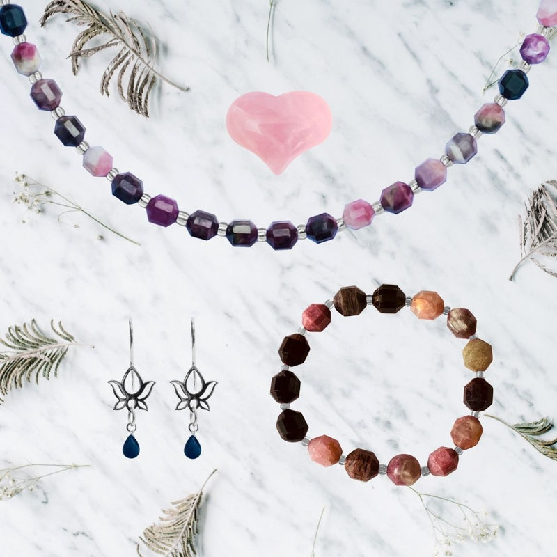 Yoga Themed Jewelry Set for Her with Premium Natural Black Tourmaline and Rainbow Tourmaline Necklace and Bracelet for Understanding and Chakra Healing, Buy them together and get a Bonus pair of Sterling Silver Lotus Flower Earrings with Onyx and a  Rose Quartz Gemstone Heart