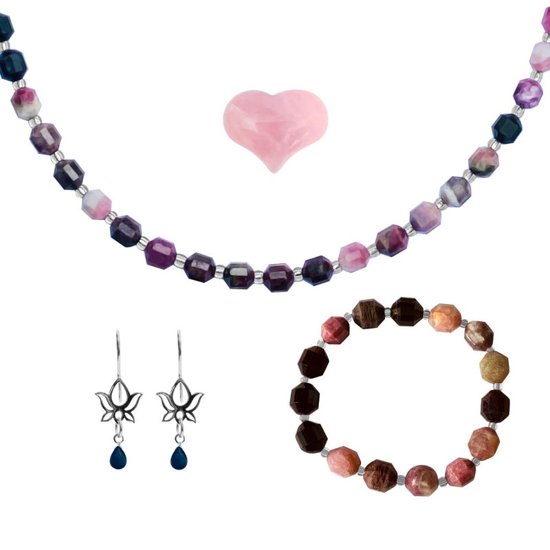 Yoga Themed Jewelry Set for Her with Premium Natural Black Tourmaline and Rainbow Tourmaline Necklace and Bracelet for Understanding and Chakra Healing, Buy them together and get a Bonus pair of Sterling Silver Lotus Flower Earrings with Onyx and a  Rose Quartz Gemstone Heart