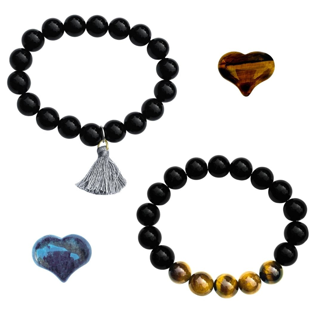 Unisex Yoga Themed Jewelry Set with Grounding Earth Bracelets: Black Onyx and Tiger Eye Bracelet, Black Onyx Bracelet with Tassle to Remind Us that Our Shadows are Parts of Us.