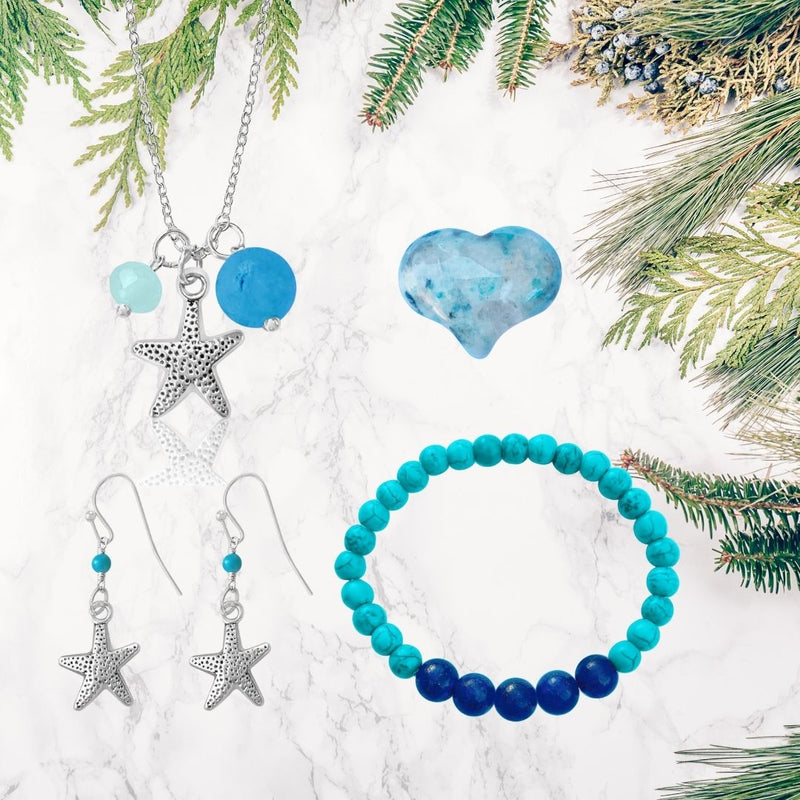 Beach Themed Jewelry Set: Ocean Planet - Blue Marble Gratitude Bracelet with Lapis Lazuli Earth Symbol Pendant on Turquoise Howlite Mala Bracelet, Starfish Necklace and Earring Comb