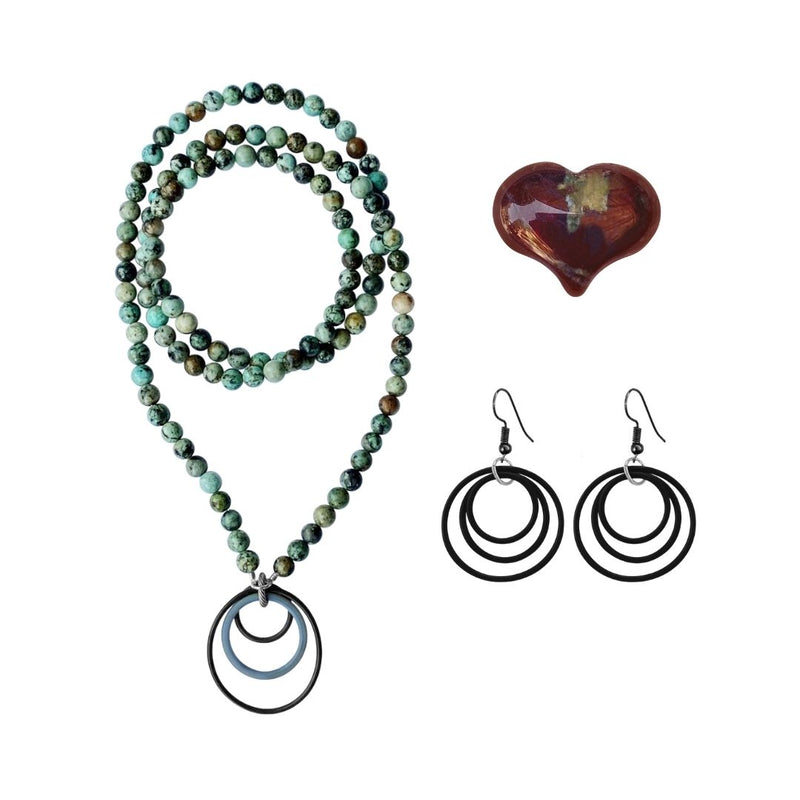 Zero Waste Necklace and Earrings with up-recycled SCUBA parts and African Turquoise. Buy them together and get a Bonus Dragon Blood Gemstone Heart ($15 value) 