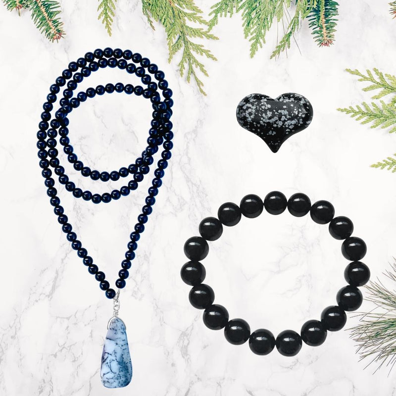 The Stay Mentally Strong Onyx Jewelry Set includes:  - Onyx Bracelet - Onyx Necklace - Snowflake Obsidian Heart Shaped Healing Gemstone