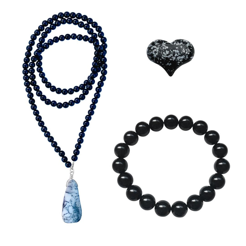 The Stay Mentally Strong Onyx Jewelry Set includes:  - Onyx Bracelet - Onyx Necklace - Snowflake Obsidian Heart Shaped Healing Gemstone