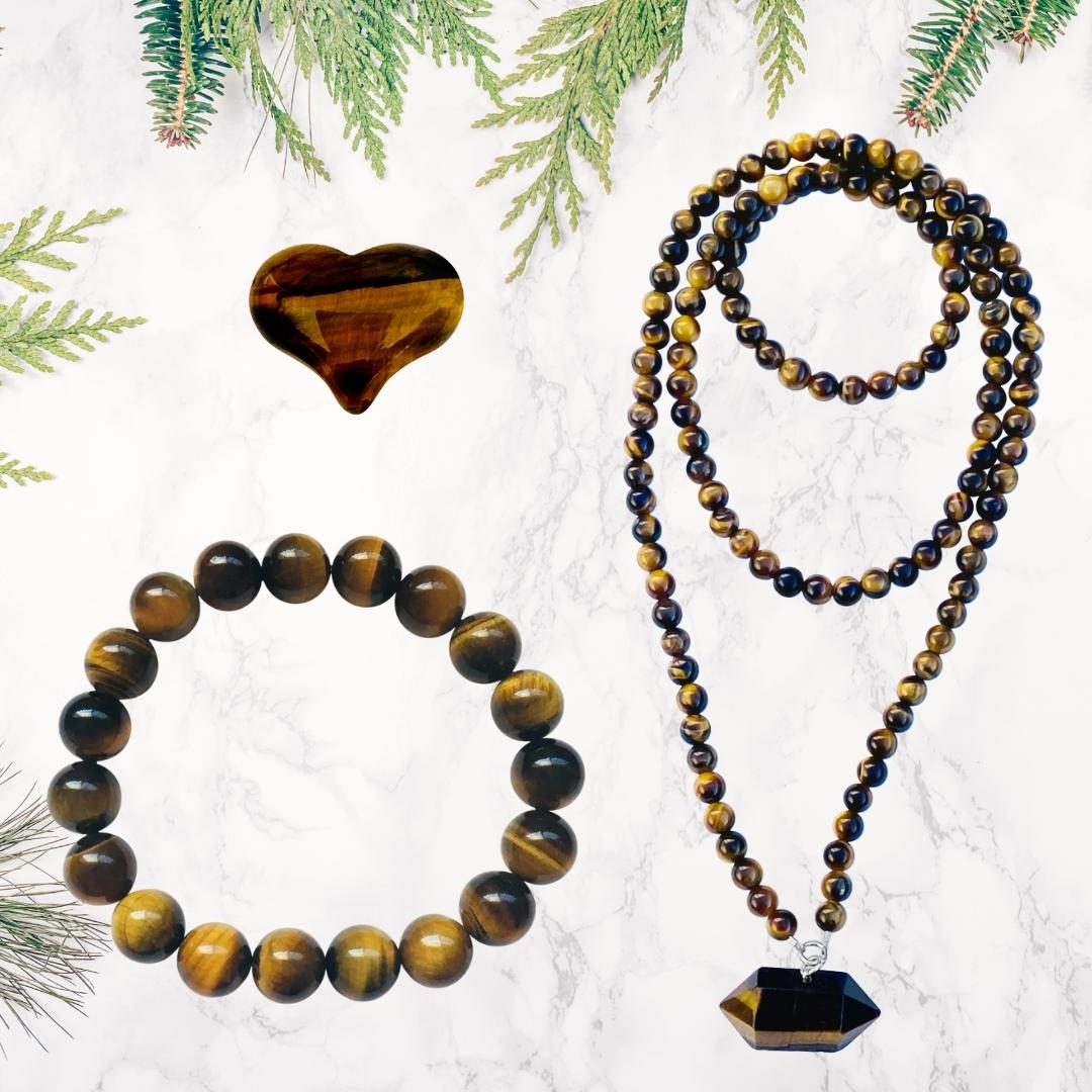 Tiger Eye Yoga Inspired Grounding Jewelry. Promotes balance and strength to get through difficult phases of life. The Question Everything in Life Tiger Eye Jewelry Set includes:  - Tiger Eye Bracelet - Tiger Eye Necklace - Tiger Eye Heart Shaped Gemstone