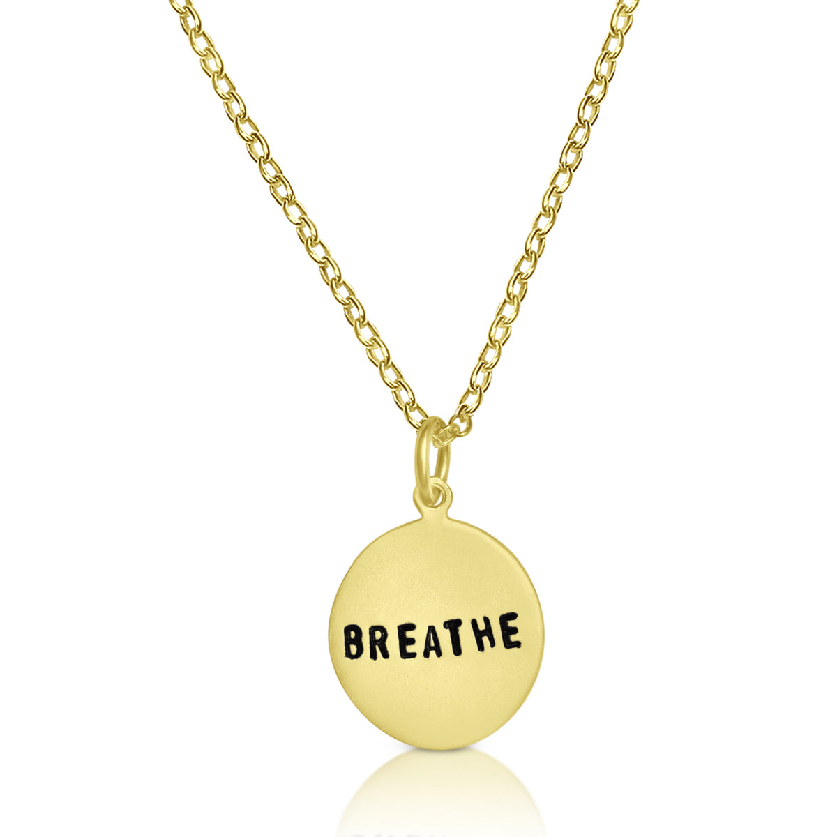 Hand stamped small gold plated BREATHE Necklace for yogis, scuba divers and for those who are just a little too busy, who forget to relax and enjoy the simpler things. 