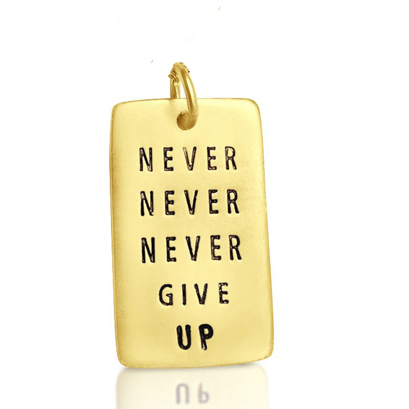 Never Give Up Gold Filled Dog Tag with Crystal