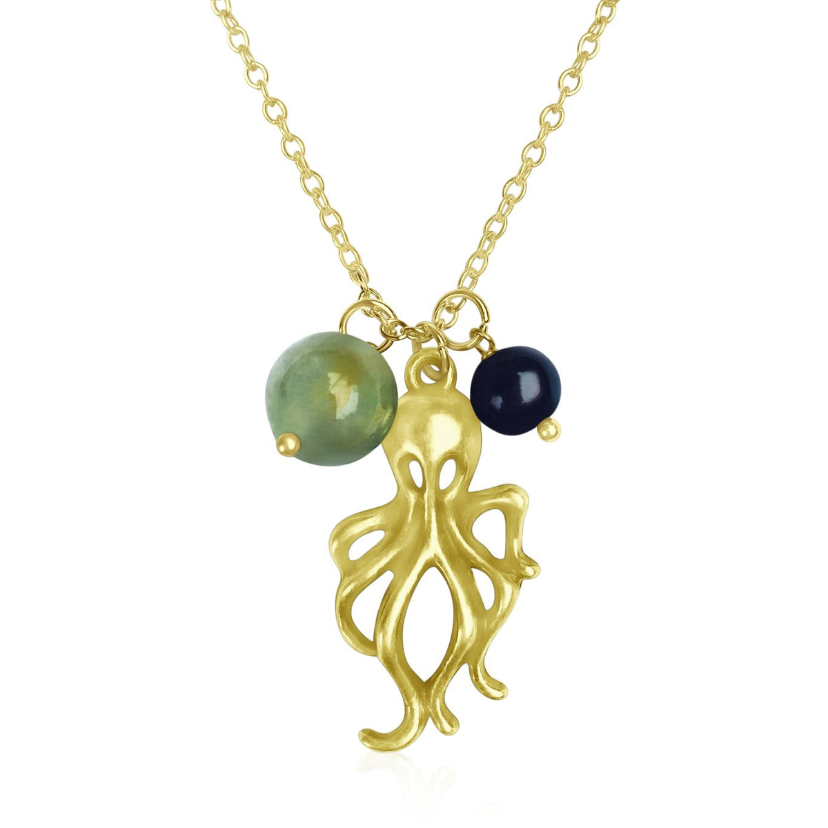 Octopus Ocean Charm Necklace with Prehnite and Pearl Charms on Gold Plated Necklace.