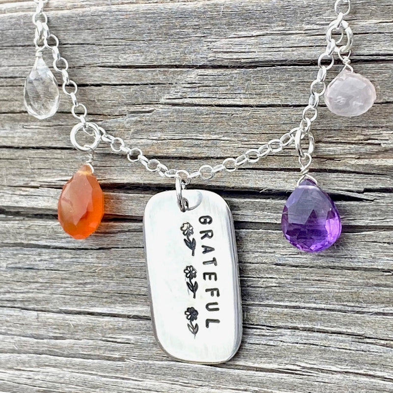GRATEFUL Motivational Sterling Silver Dog Tag Necklace with Healing Crystals