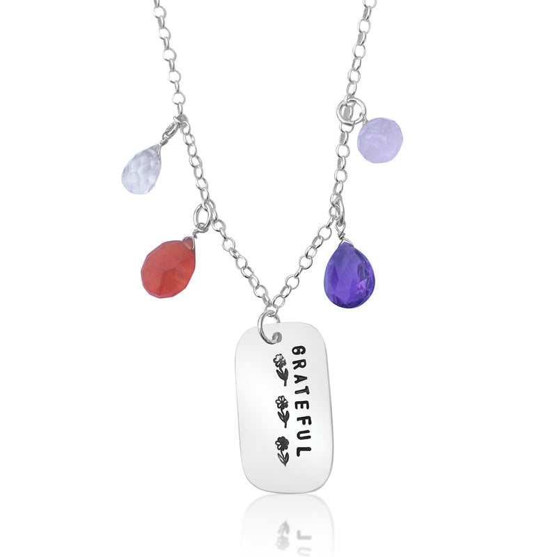 GRATEFUL Motivational Dog Tag Necklace with Healing Crystals