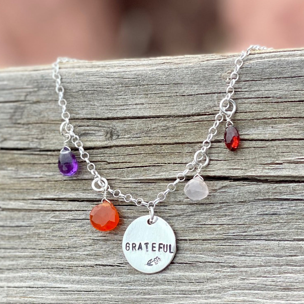 GRATEFUL Motivational Sterling Silver Necklace with Healing Crystals for Gratitude Practice. What are grateful for? It has been Scientifically proven, having a gratitude practice  increases happiness and empathy, reduce depression and anxiety.  Gratitude is an Attitude. ⁣⁣Wear these crystals for cultivating Gratitude.