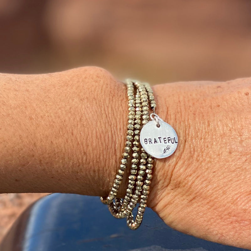 Sterling silver GRATEFUL Charm with Gold Crystal Wrap Bracelet for Gratitude Practice