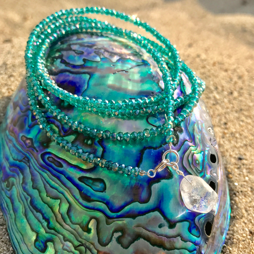 Ocean Foam Green Crystal Wrap Bracelet with River Crystal to Restore Depleted Energy