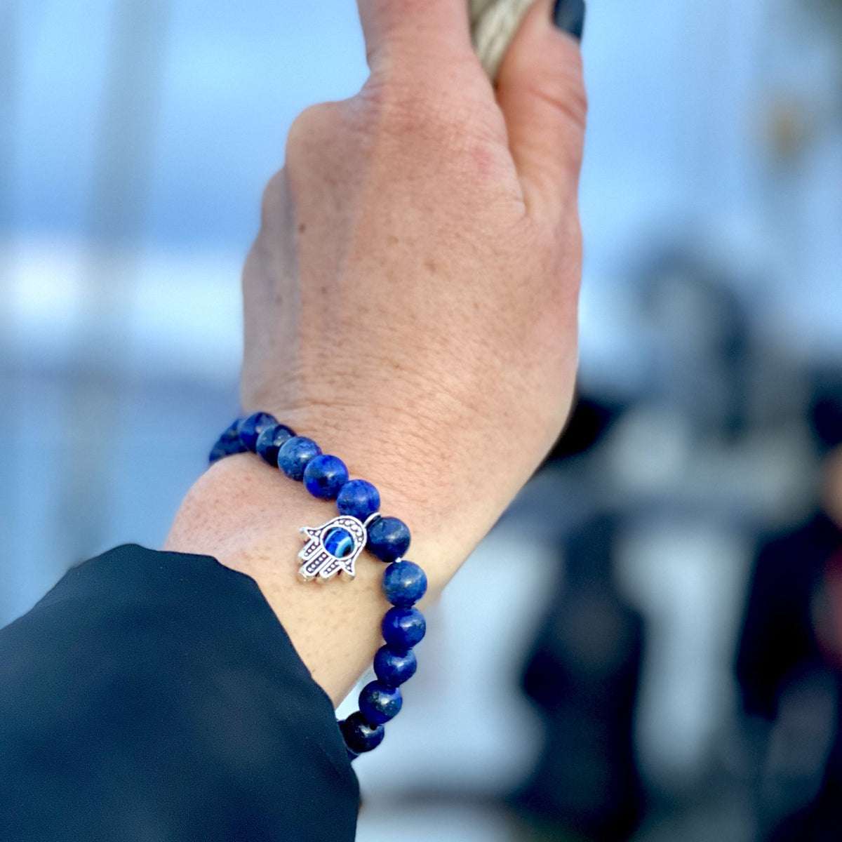 Lapis Lazuli Bracelet with Hamsa Hand to Ward off Evil and for Self-awareness