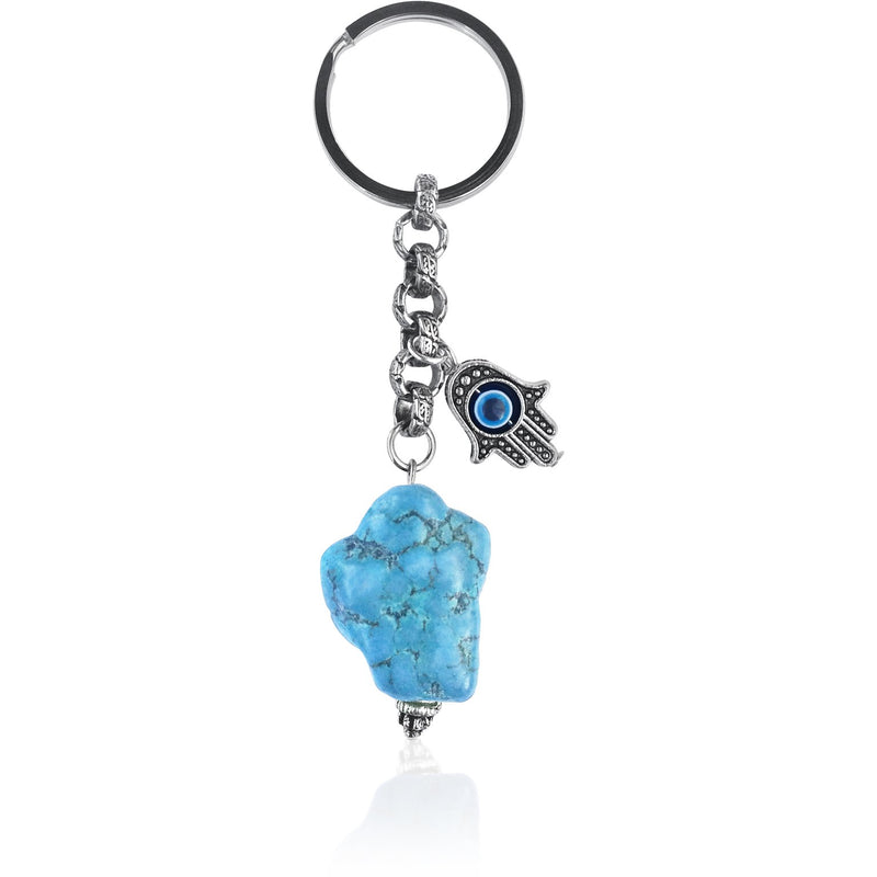 Unisex Hamsa Hand Keychain for Protection with a Rustic Turquoise Piece