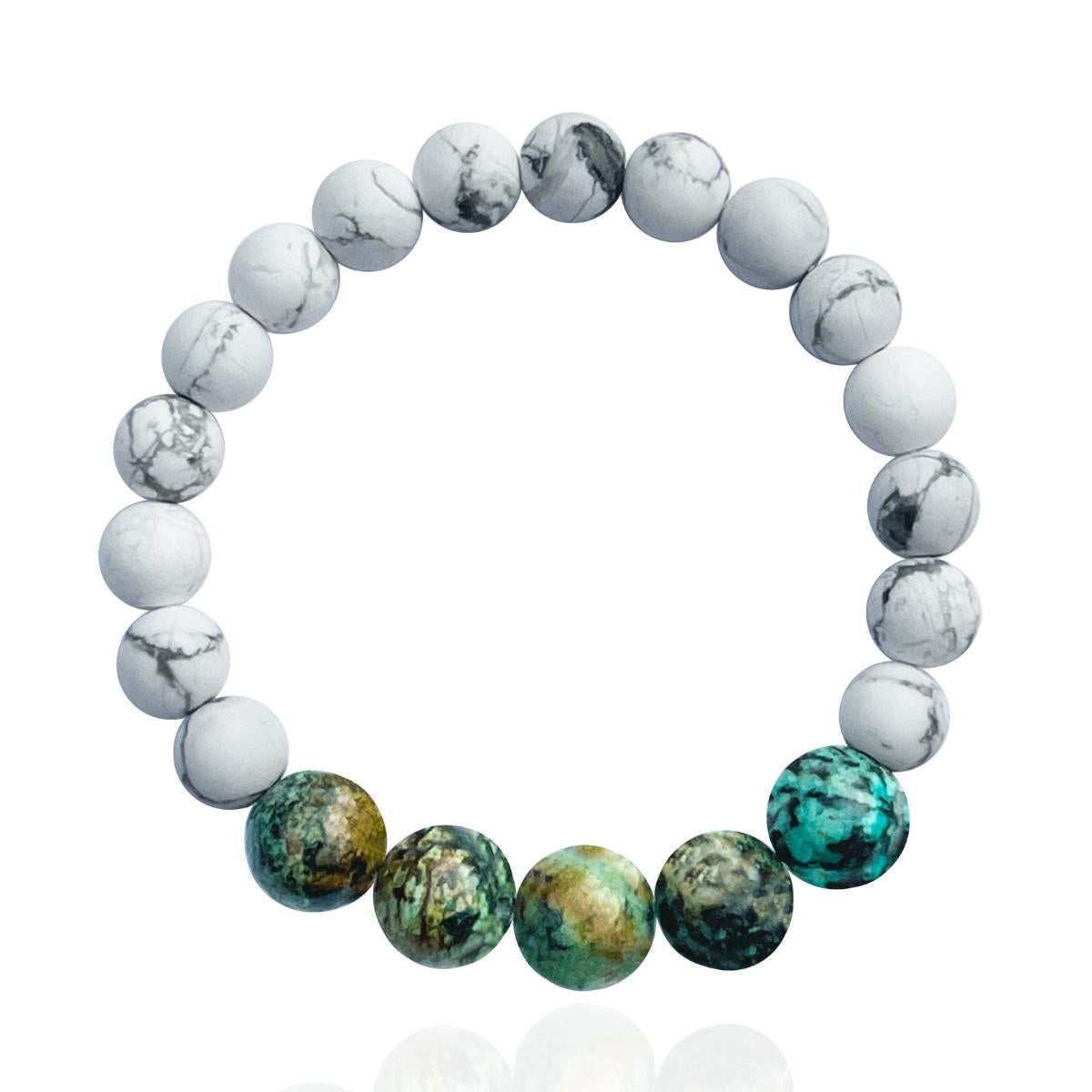 Howlite and Turquoise Bracelet for Patience. Turquoise is a purification stone. Turquoise is excellent for depression and exhaustion. Turquoise is believed to bring luck, promote wealth, attract love and bring happiness. Howlite teaches patience and helps to eliminate rage, pain and stress.
