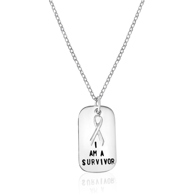 I am a Survivor - Inspirational Sterling Silver Dog Tag Necklace with Breast Cancer Ribbon