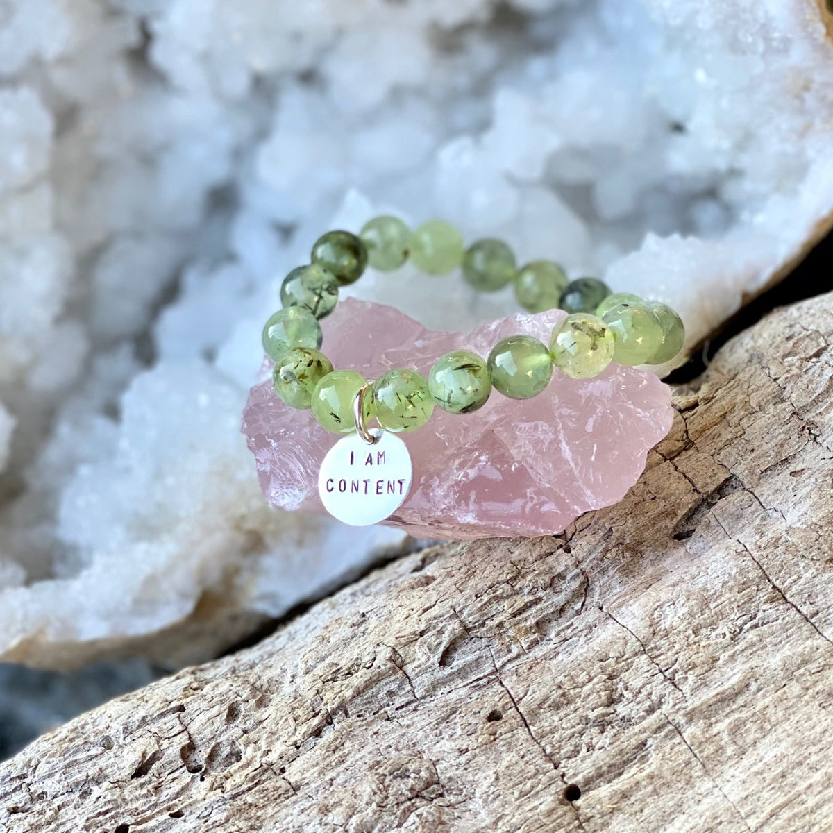 I am Content Affirmation Bracelet with Prehnite to Help Feel Happy