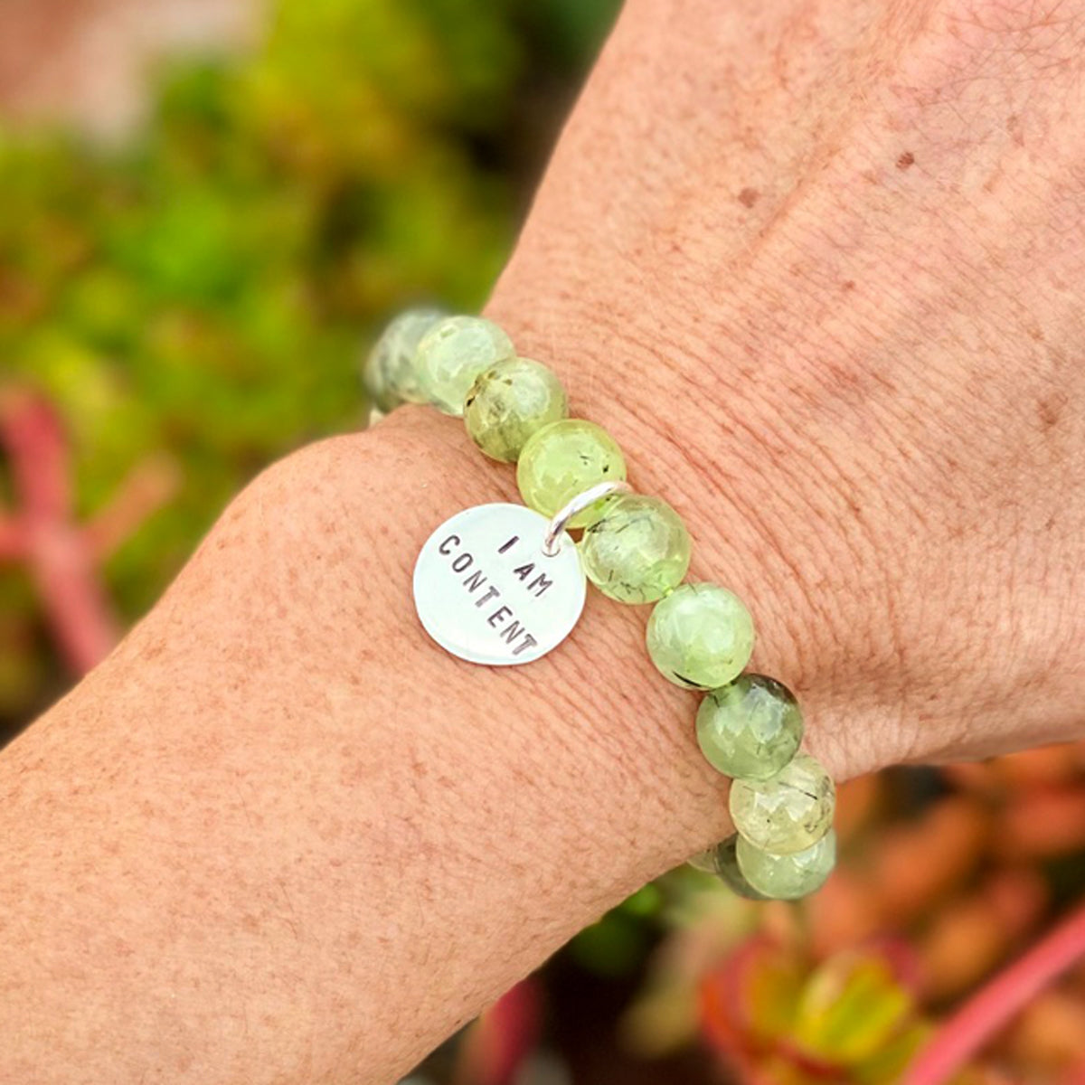 I am Content Affirmation Bracelet with Prehnite to Help Feel Happy & See the Good in All Things