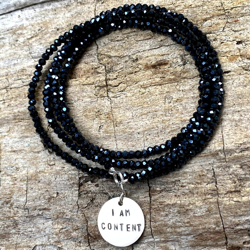 I am Content Affirmation Bracelet to Help Feel Happy with Midnight Dark Crystals