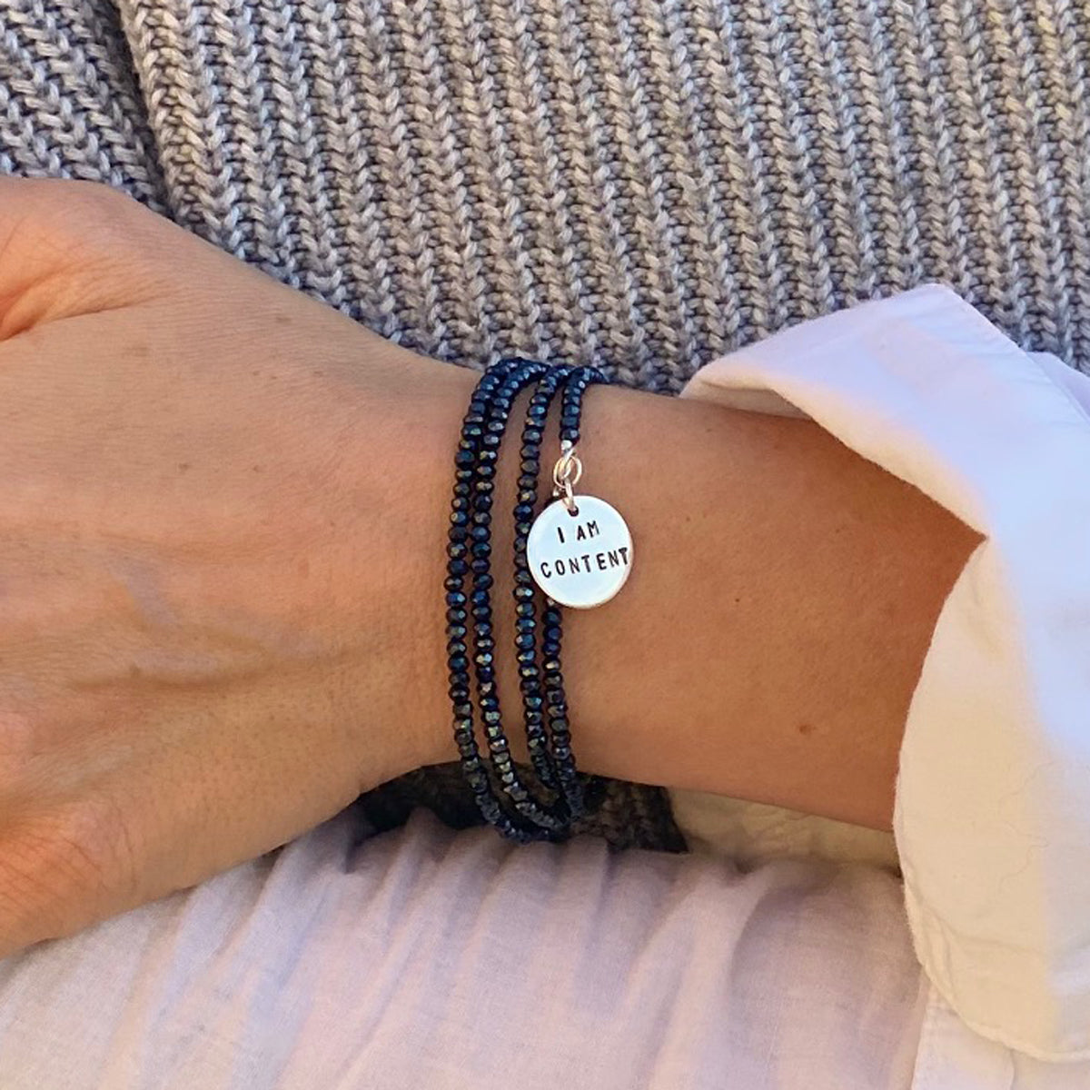 I am Content Affirmation Bracelet to Help Feel Happy with Midnight Dark Crystals
