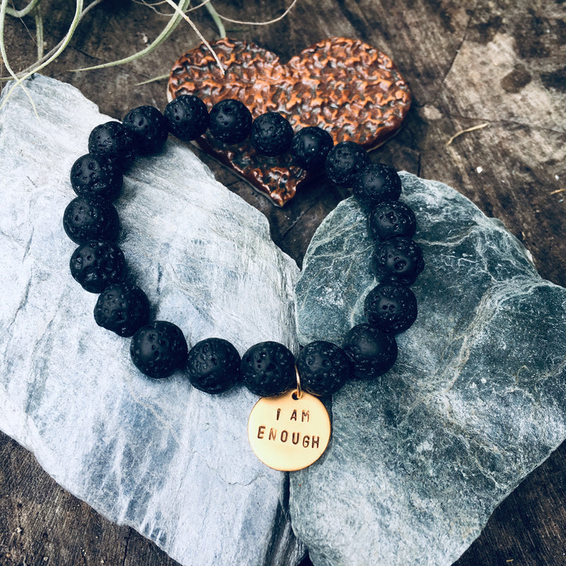 I am Enough - Gold Affirmation Bracelet with Lava Stone