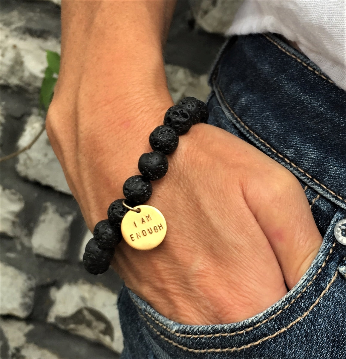 I am Enough - Gold Affirmation Bracelet with Lava Stone