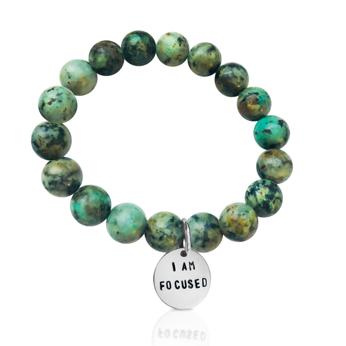 I am Focused Affirmation Bracelet with African Turquoise for Deeper Understanding of Life. This makes a great gift or present for the wholistic healer in your life. If you know someone who loves holistic meditation, affirmation healing, essential oils, or crystals this "I am focused" affirmation is perfect.