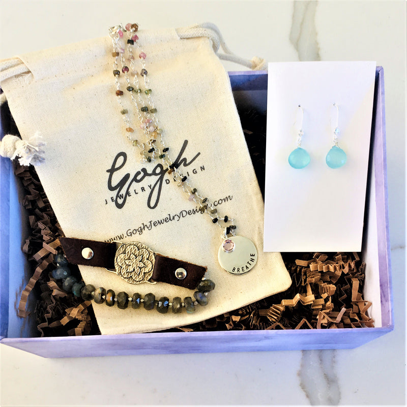 Inspirational Gift Set: BREATHE Tourmaline Necklace, Visualization Bracelet and Aquamarine Earrings Trio in a READY TO GIFT Box. $237 Value