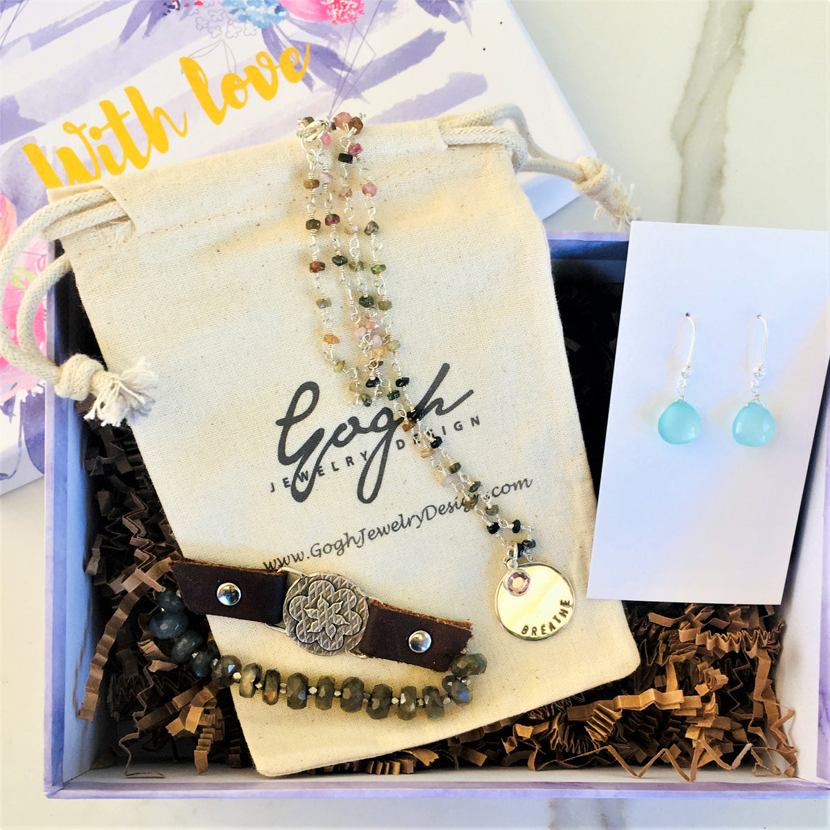 Inspirational Gift Set: BREATHE Tourmaline Necklace, Visualization Bracelet and Aquamarine Earrings Trio in a READY TO GIFT Box. $237 Value