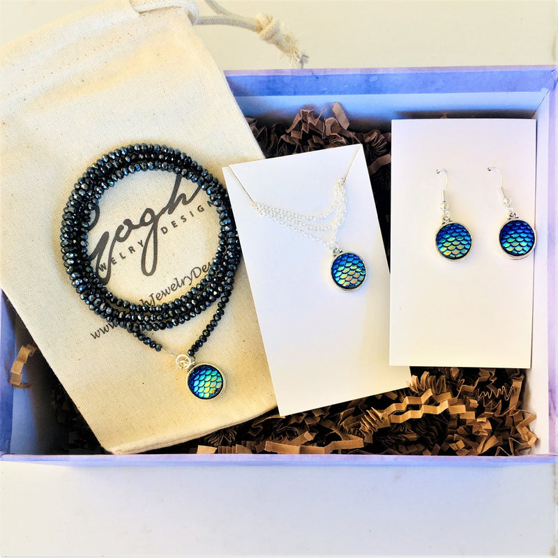 Gift Set for Kids: Be a Mermaid and Make Waves Necklace, Wrap Bracelet and Earrings in a READY TO GIFT Box.
