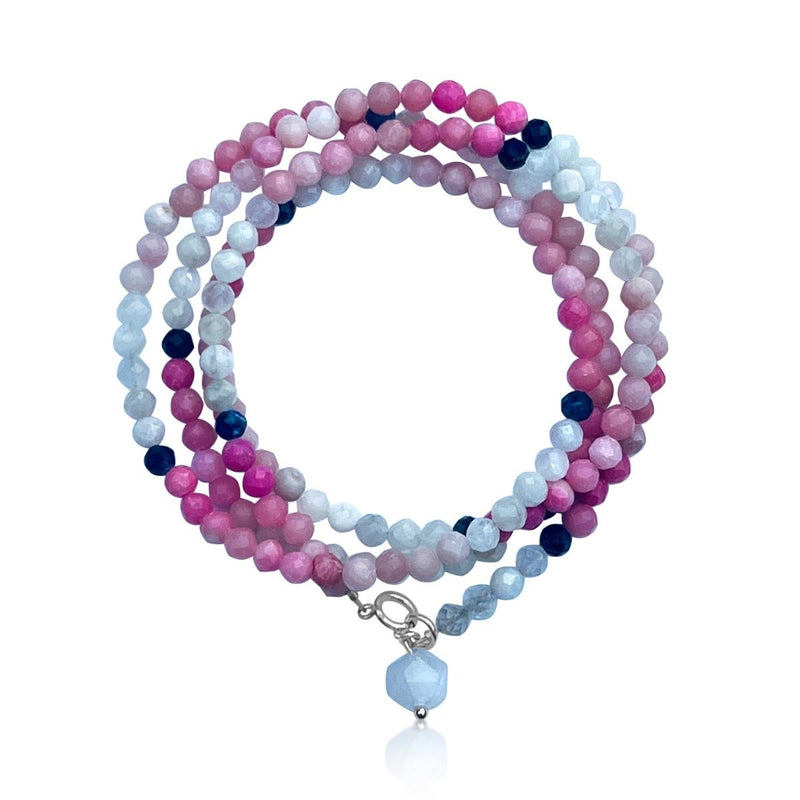 The Power of Pure Joy Wrap Bracelet with Kunzite, Rose quartz and Moonstone with a Hint of Lapis Lazuli Magic. Joy is a pure feeling that falls somewhere on the scale between happiness and ecstasy, a moment in time when everything seems to be just perfect. Wear this bracelet to keep your positive outlook on life.